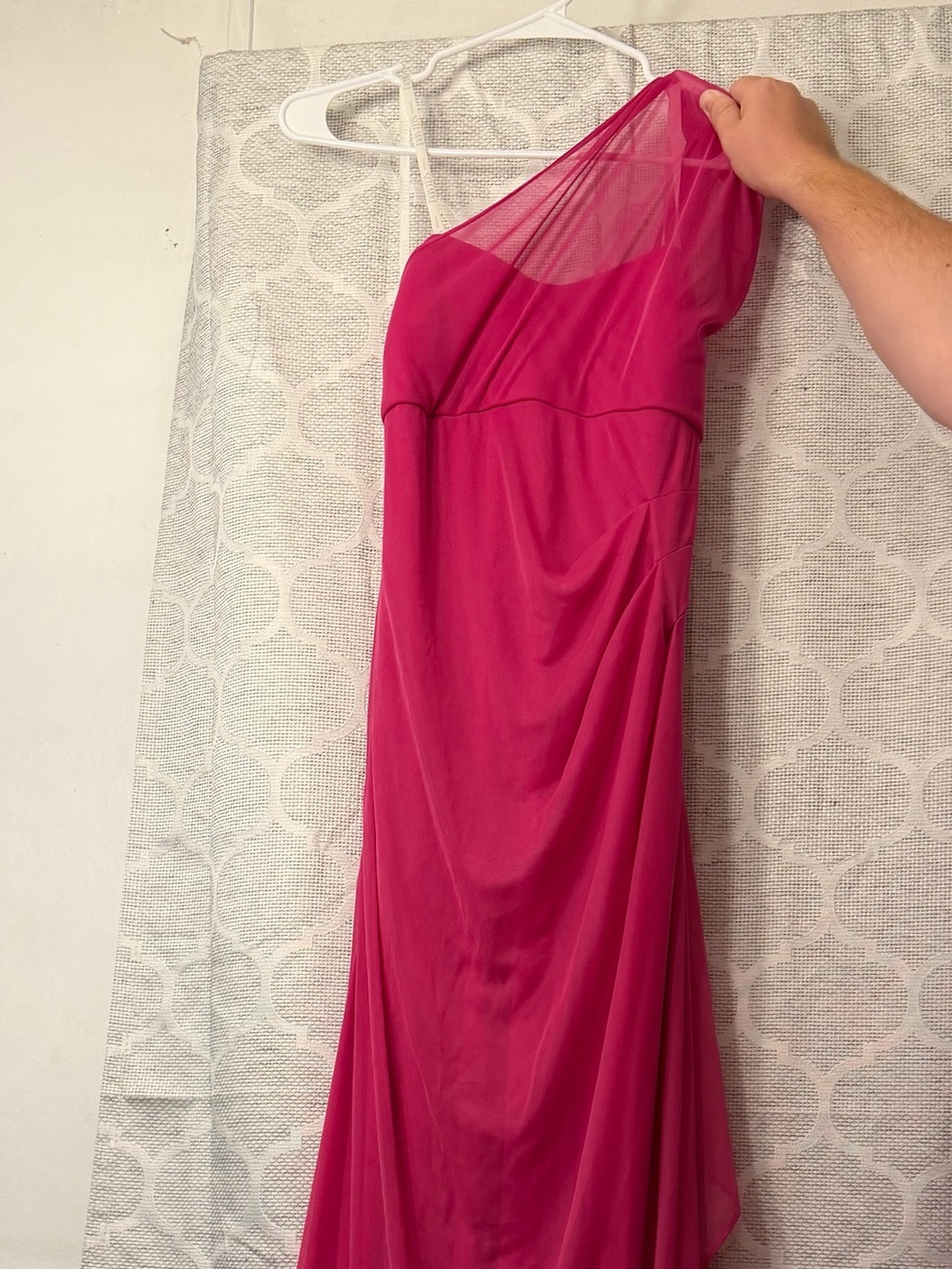 David's Bridal Strapless Fuchsia Maxi Gown